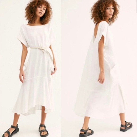 FREE PEOPLE Crisp and Cool Midi Dress Womens XS White Scoop Back Short Sleeve - Picture 1 of 16
